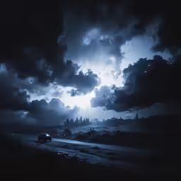 a vehicle driving down a highway in front of clouds