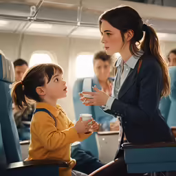 young woman and little girl sitting on blue seats in airplane