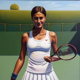 a painting of a tennis player with a racquet,a painting of a woman tennis player holding a racket
