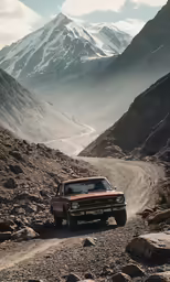the truck is driving along the trail through the mountains