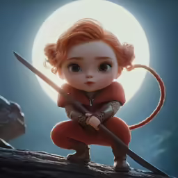 an animated doll with big eyes sits on a log with long tails and holds two large sword sticks while the moon is in the background