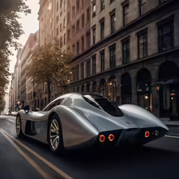a silver sports car driving on the road next to tall buildings