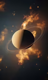 saturn and its rings, with glowing lights in the background