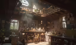 an old fashioned kitchen area with lights shining through the windows