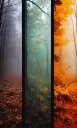 a set of four pictures with autumn trees and leaves