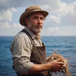 a farmer who is picking up an item off the ground