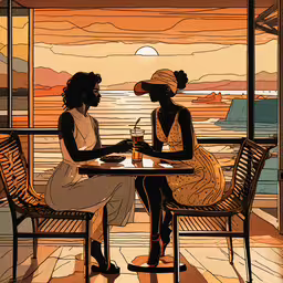two people sitting at a table on the deck near the ocean,two women sit in a booth looking out over the ocean