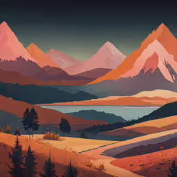 a painting of the mountain range is very colorful,a photo of a mountain range from the side
