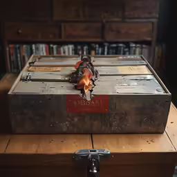 an antique chest with a flame and label
