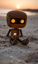 a robot is sitting on the ground with a mug