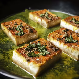 five pieces of raw fish sitting on a green tray