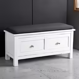 white storage bench with drawers and black seat cushion