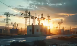 the setting sun sets behind many electric poles