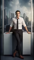 a man is posing for a photo in front of a window with the city skyline