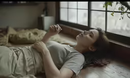 a woman lying down in bed looking up