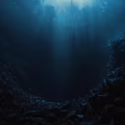 the deep blue ocean is lit by light coming from the ceiling