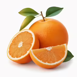 two pieces of orange with green leaves on them