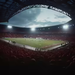 some people are playing soccer inside of the stadium