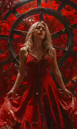 a woman in a red dress posing in front of a circular wheel