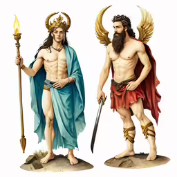 two statues of an angel and a demon with spears