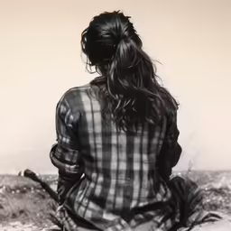 a girl sits down while she looks out at the water