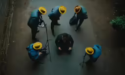 four people in blue jackets and yellow hats standing in a circle