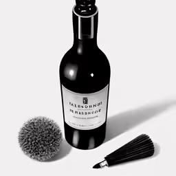 the bottle of wine has a brush next to it