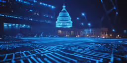 there is a large building at night with lights on