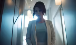a beautiful woman in white standing by a hallway