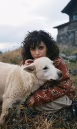 a woman holds the face of a dog as she crouches down on the ground
