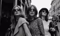 the women are standing on the sidewalk together