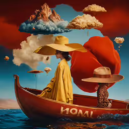 an asian woman riding on a boat with mountains in the sky,two people sitting in a boat that has floating mushrooms over their heads
