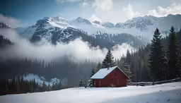 a red cabin sitting in the middle of a snow covered field