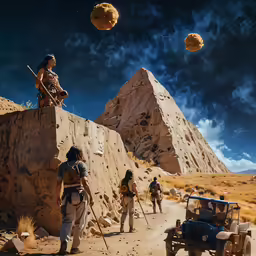 the people are standing on a cliff and looking at rocks