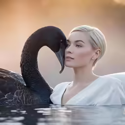 a woman wearing a white dress sitting next to a swan