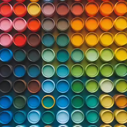 an array of different colored paint bottles