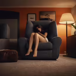 a beautiful woman sitting in a chair by a wall