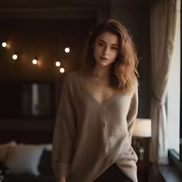 a woman in a tan sweater standing with her hands on her hips