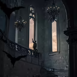 the scene features a creepy figure waving in an abandoned hall with chandeliers