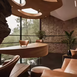 a living room with lots of brown chairs