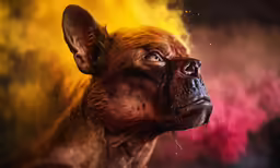 an old dog with a yellow and pink cloud in the background