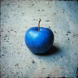 there is a blue apple that is on the ground