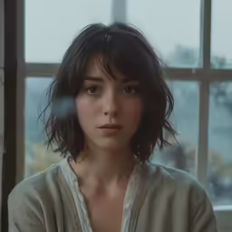 a woman with bangs sits against a window