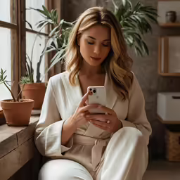 woman dressed in white outfit looking at cell phone