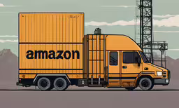 an advertisement for the amazon cargo truck,the amazon semi truck is painted yellow with black lettering on it
