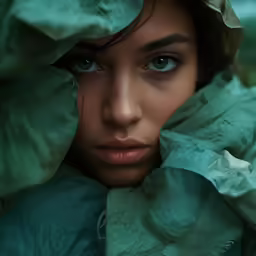 the woman is posing for a portrait wearing a green blanket