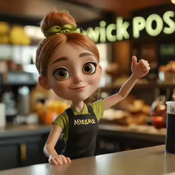 a small doll with a ponytail in a restaurant posing