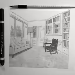 a drawing of an armchair and chair in a room