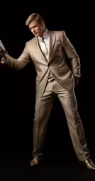a man in a suit is holding his hand out
