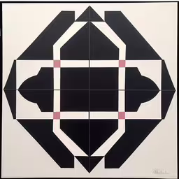 a black and white design with a pink diamond,a black and white tiled design with red lines,a black and white design that is very unique,some sort of artwork consisting of a pentagon with a star on the center,a black and white artwork with four pink squares